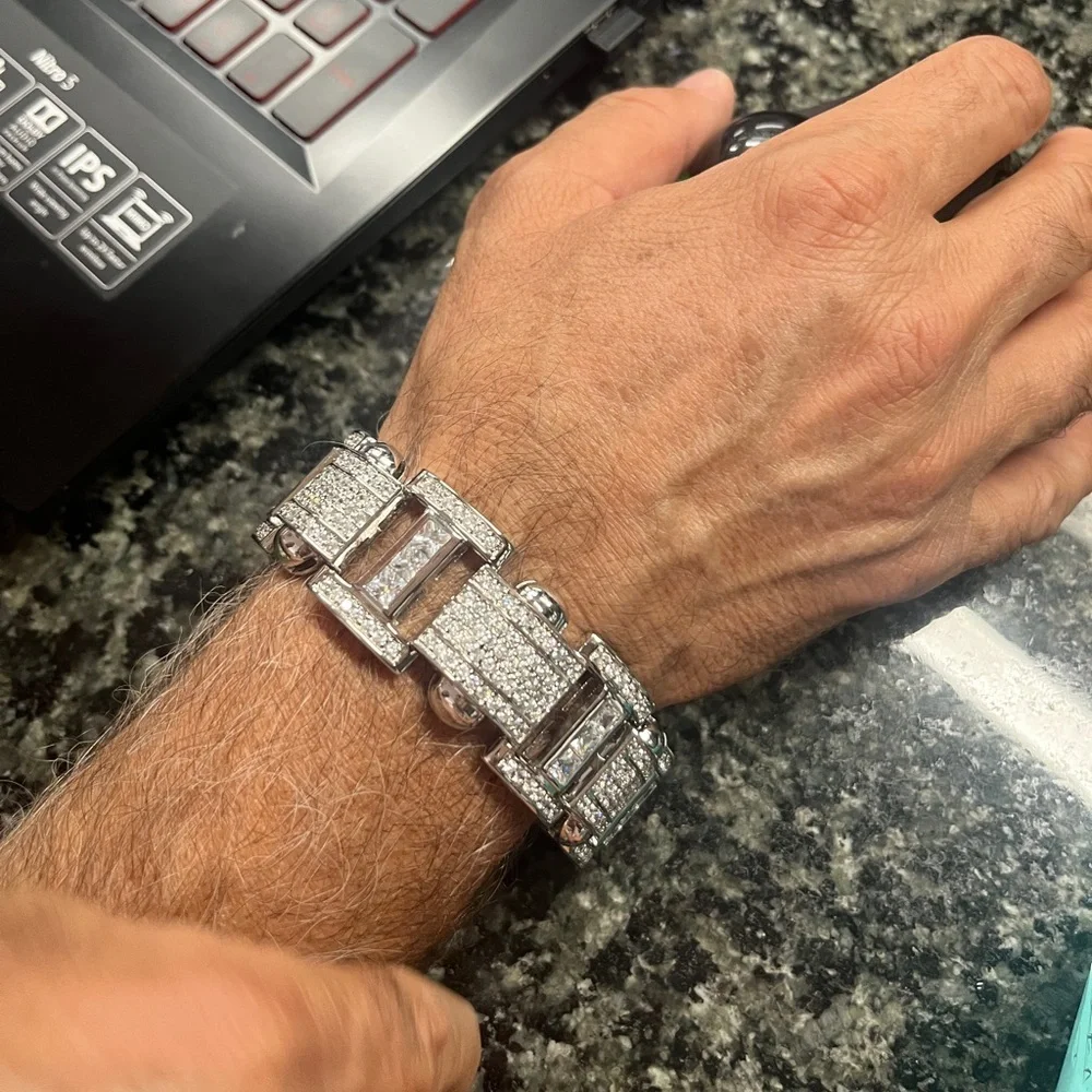 New Men's Rhodium Plated 925 Sterling Silver Chunky CZ Hip Hop Link Bracelet